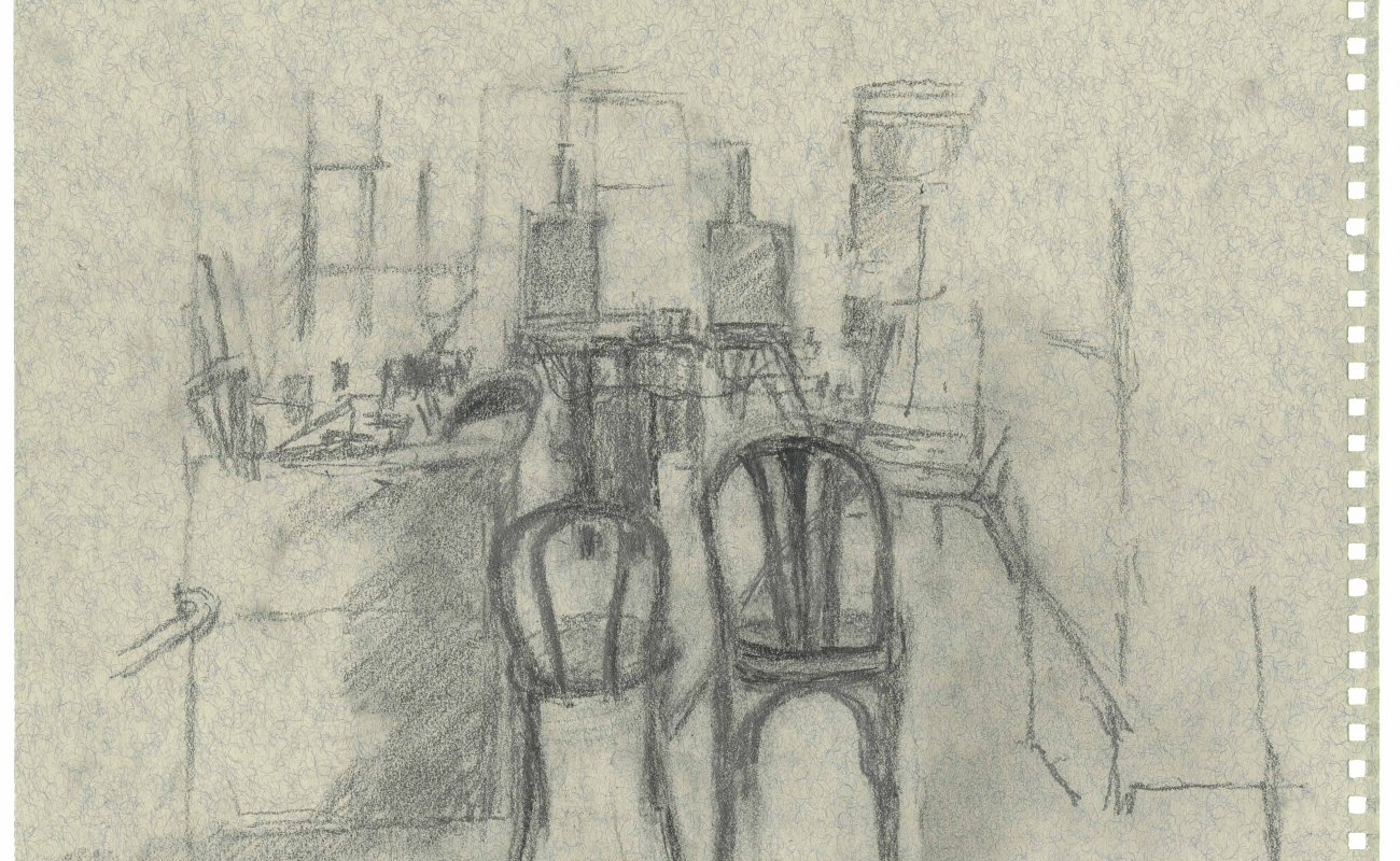Recent drawing by Rackstraw Downes depicting two chairs inside his home