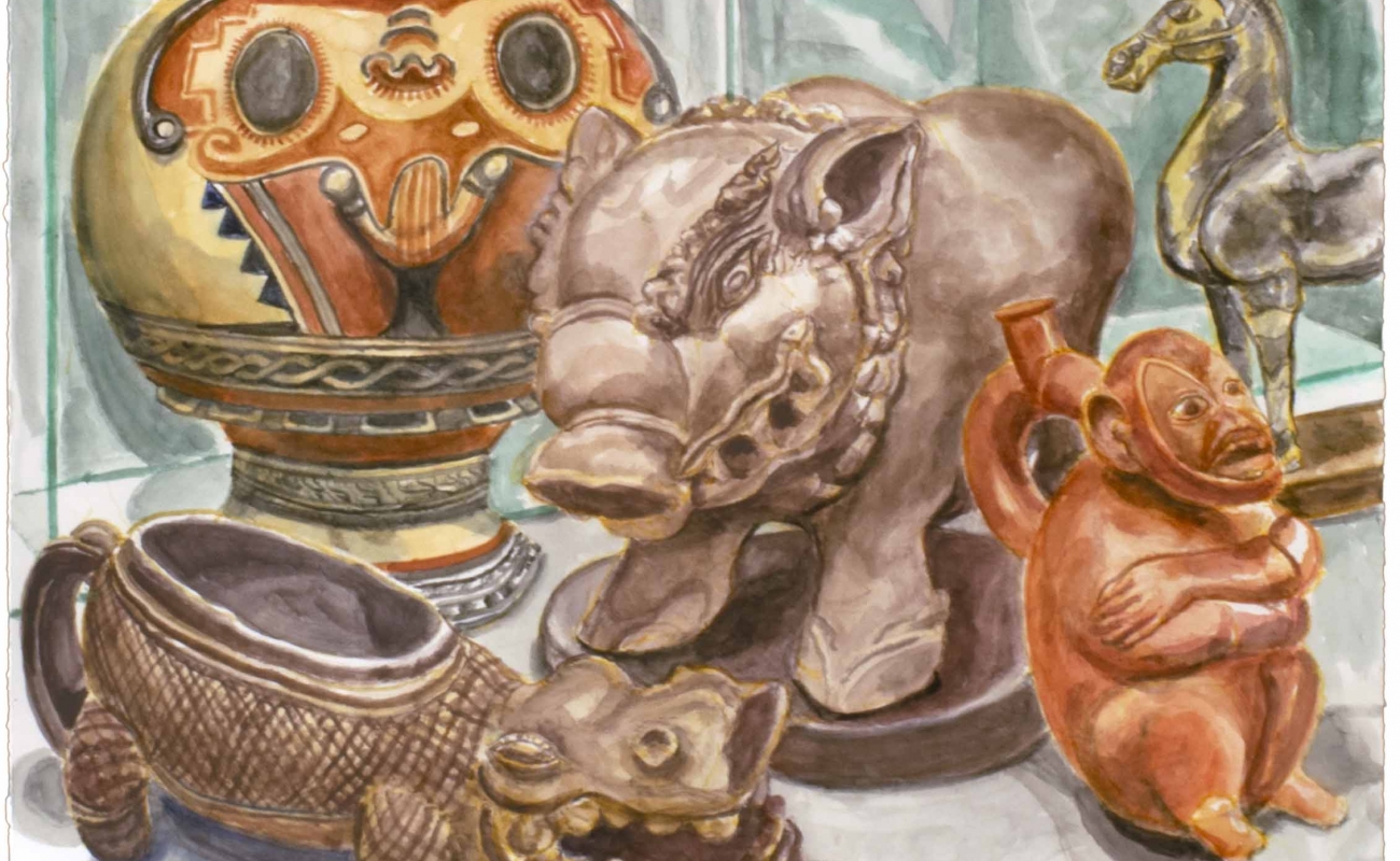 Philip Pearlstein watercolor showing Thai piggybank, crocodile, monkey, vase, and horse