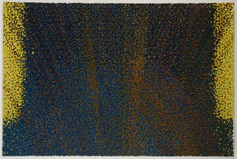 Abstract painting of dark dots forming a column in the center and yellow dots on the edges
