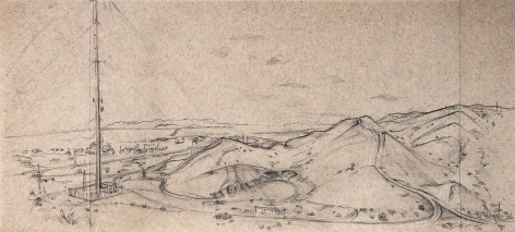 Rackstraw Downes drawing depicting tall cell tower among sparsely vegetated hills