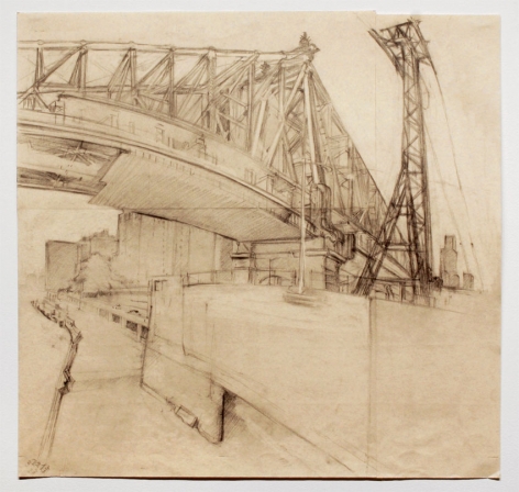 QUEENSBOROUGH BRIDGE WITH ROOSEVELT ISLAND TRAMWAY, 2007, Pencil on pink paper with blue threads