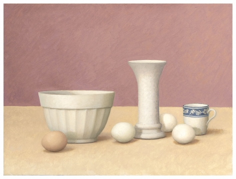 Eggs and ceramics sitting on tan surface in front of red background