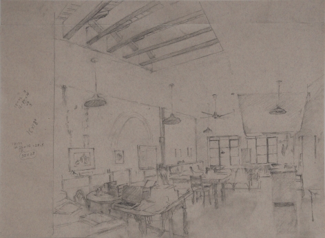 drawing of an interior of an artist's loft in Soho, NYC