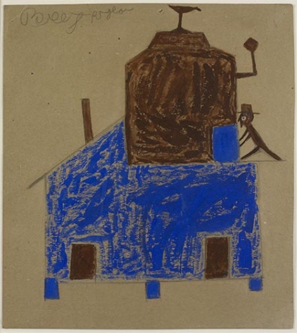 Bill Traylor, Untitled (Blue and Brown House with Chimneys), c. 1939-42