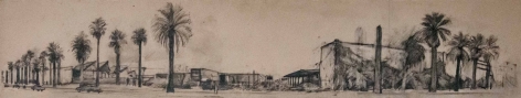 Rackstraw Downes drawing depicting palm trees, a wide street, and warehouses