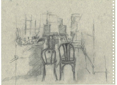 Recent drawing by Rackstraw Downes depicting two chairs inside his home