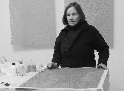 Black and white photograph of Clytie Alexander in her studio